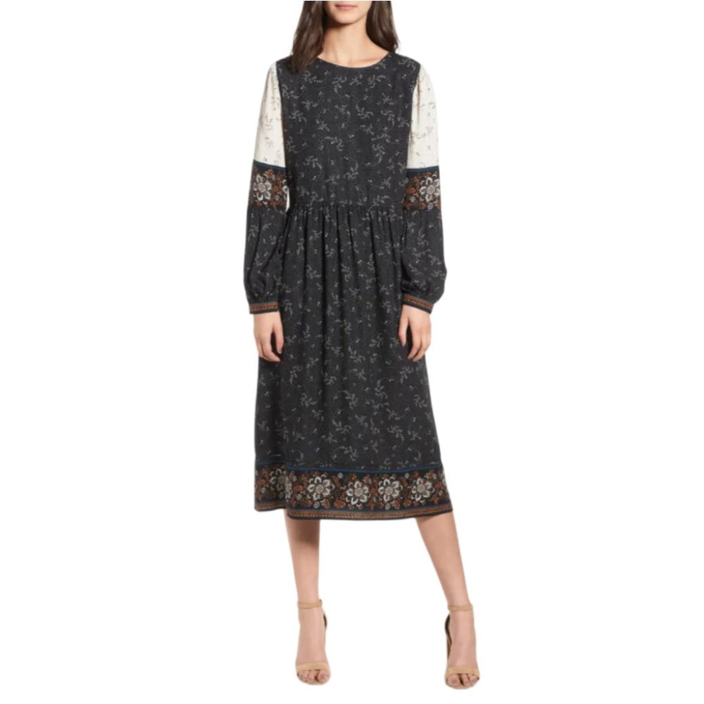 Hinge Mix Print Midi Peasant Dress in Black Dotted Sprigs Mix, L